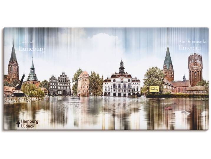 Leinwandbild ARTLAND Lüneburg Skyline Abstrakte Collage , blau (farbe bild(er): blau), B:100cm H:50cm, Bilder, Leinwandbild, auf Holzrahmen gespannt
