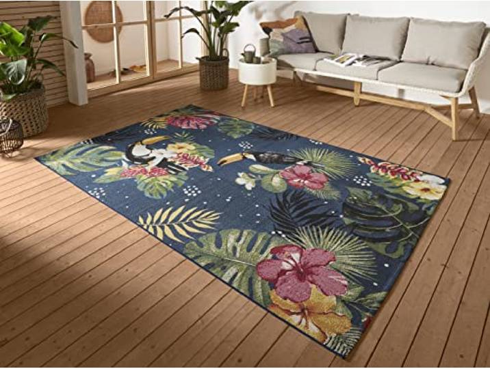 Hanse Home Tropical Dream In- & Outdoor Teppich – Flachgewebe Tropical Jungel Florales Palmen Design, ÖKO-TEX Wetterfest & UV-beständig für Balkon, Terrasse, Garten – Blau Multifarben, 240x340cm