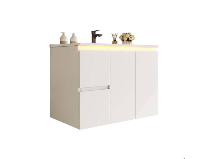 Meuble-lavabo mural éclairage LED à détection de mouvement charnières à fermeture amortie vasque intégrée 76 × 47 × 57 cm blanc