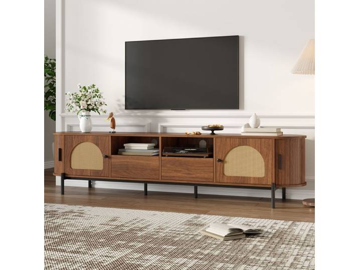 Meuble TV - ZEVKOR - Meuble TV Ovale - Noyer - 200×40×49 5 cm - 4 portes (2 coulissantes)