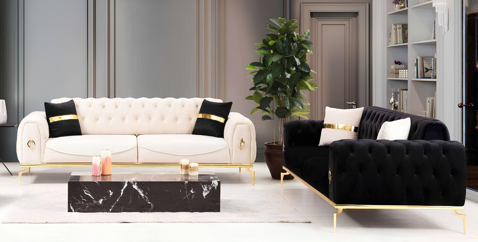Luxus Chesterfield Zitgroep met 3 Zits en 3 Zits, Zwart