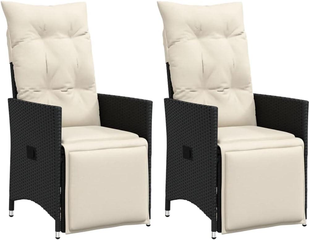 2 Liegesessel für den Garten aus schwarzem Polyrattan, wetterfeste Gartenstühle für Terrasse und Außenbereich, Gartenmöbel in Schwarz und Creme mit Fußstütze