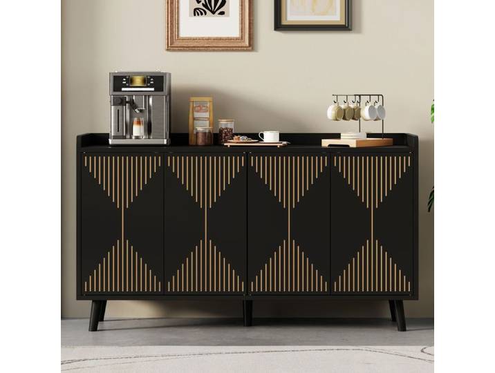 Buffet - SOGEU - 140 x 40 x 84 cm - 4 portes - Étagères réglables - Plateau supérieur ouvert