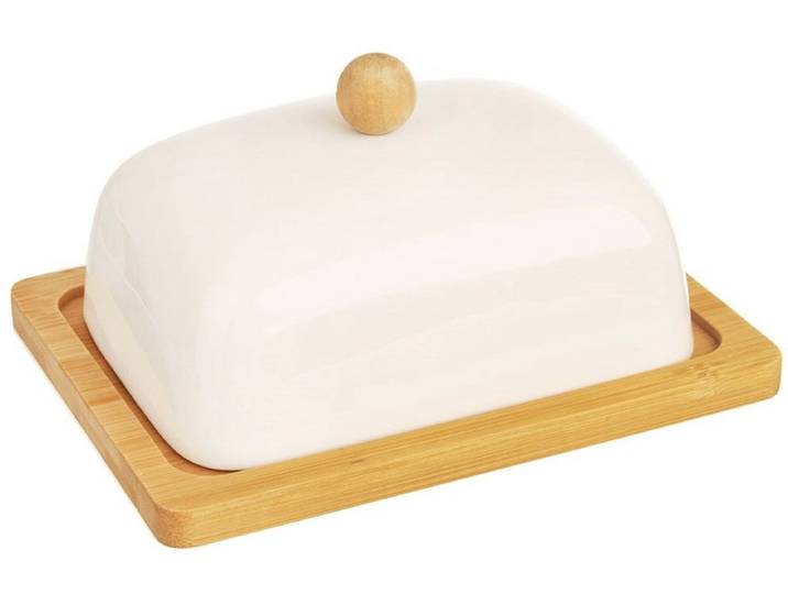 ORION GROUP Porseleinen botervloot met deksel 16x13x8\,5 cm wit porselein en bamboehout ecologische botercontainer perfecte tafel- en keukendecoratie