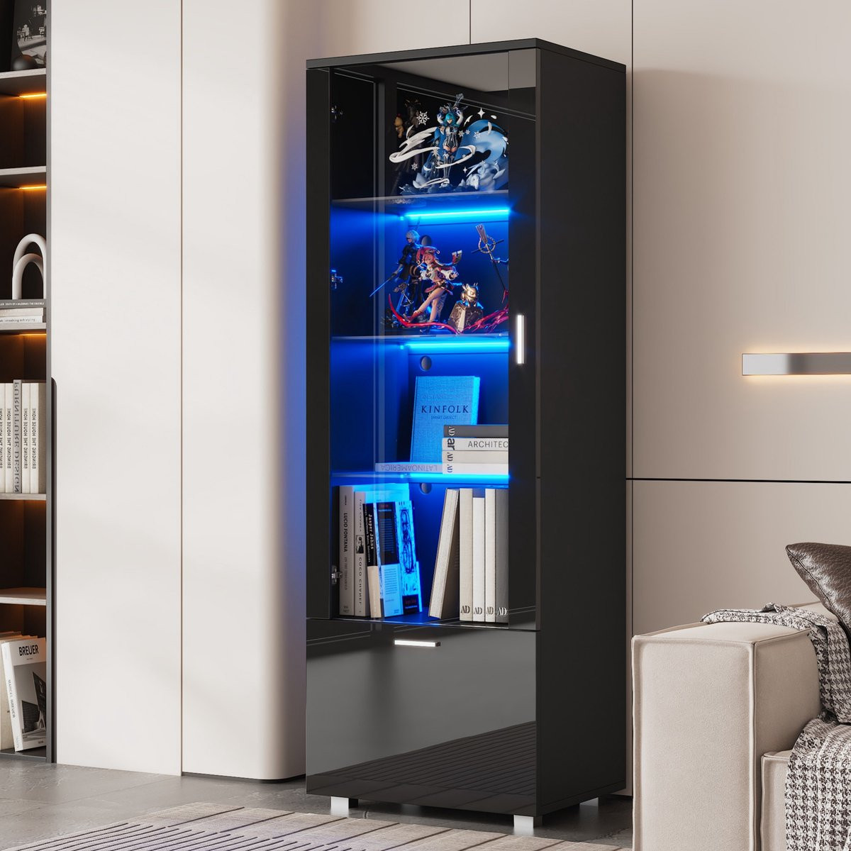 Sweiko Vitrinekast met LED-verlichting, Acryl deuren en 3 planken, Zwart Hoogglans