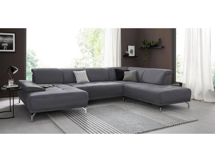 Wohnlandschaft, Flachgewebe Mura, Grau, 334×235 cm, Sitztiefenverstellung, Vintage, Places of Style