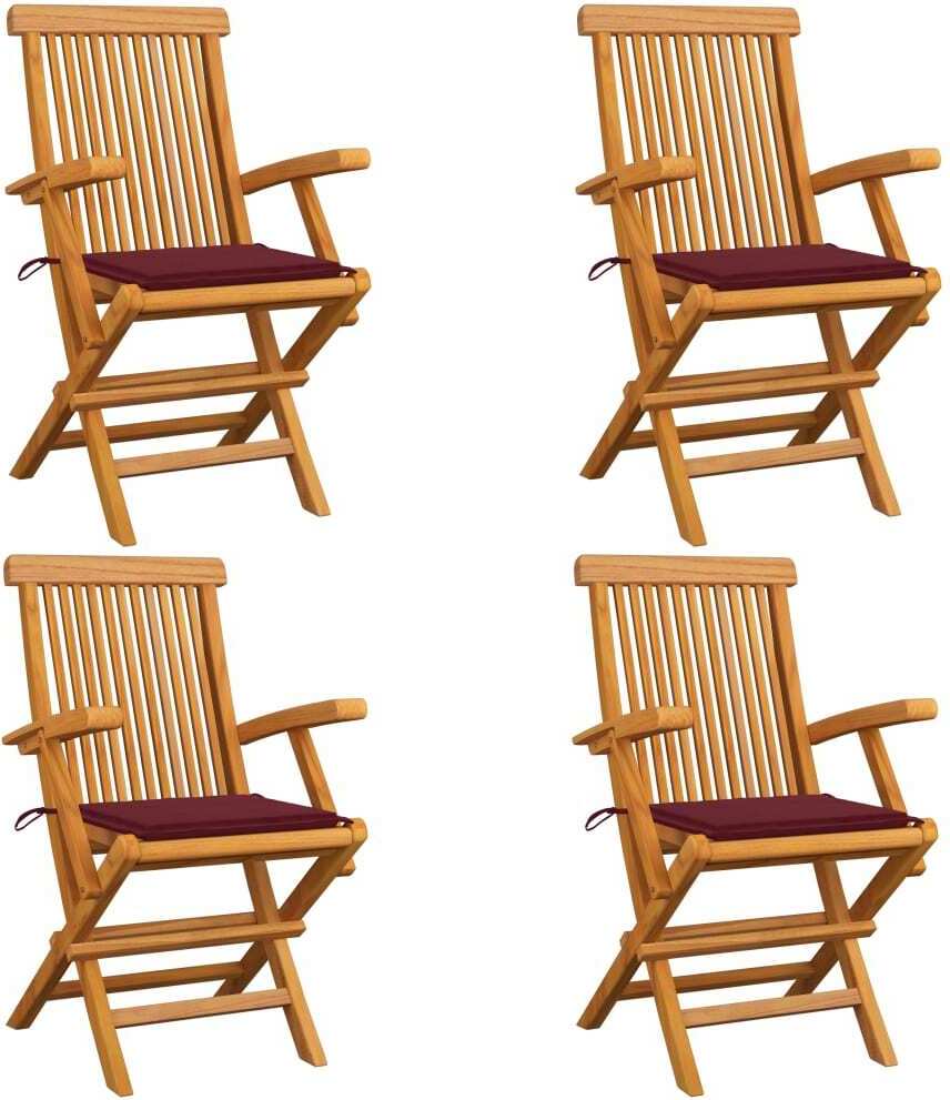 Klappstühle mit weinroten Kissen, 4 Stück, Massivholz Teakholz