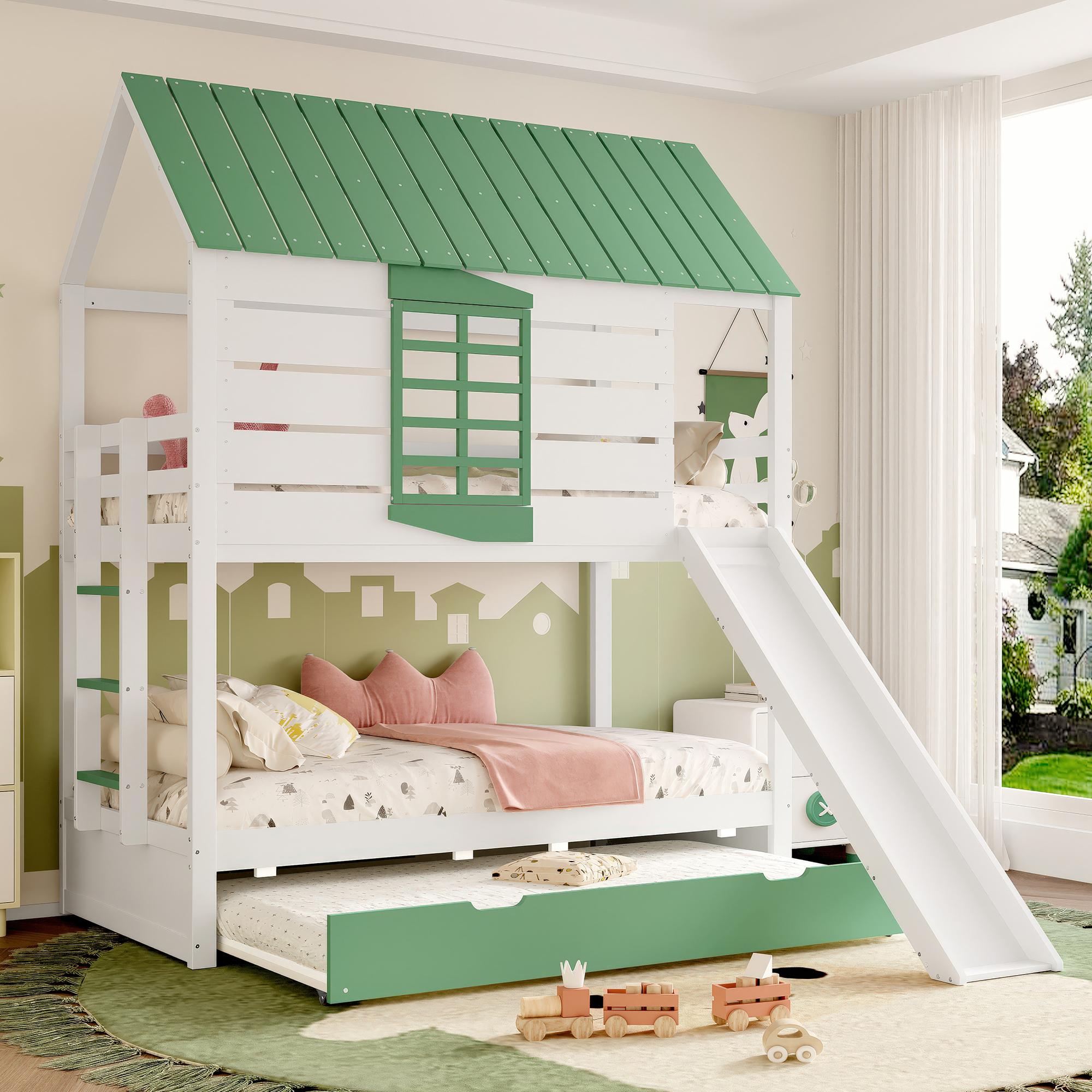 Fantastisches Kinder-Etagenbett in Hausform mit Rutsche & Gästebett - Sicher und verspielt, 90x200 cm, Weiß/Grün
