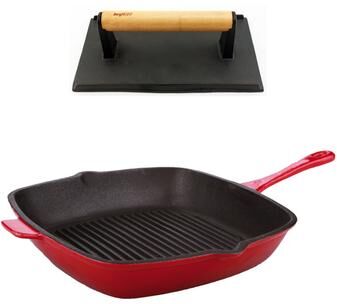 "BergHOFF Neo 2pc Cast Iron 11"" Grill Pan with Steak Press, Red"