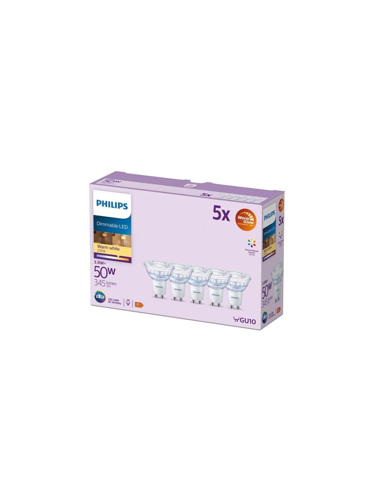 Philips LED-Lampe Spot 3,8W/922-927 (50W) 36° WarmGlow Dimmbar 5er-Pack GU10