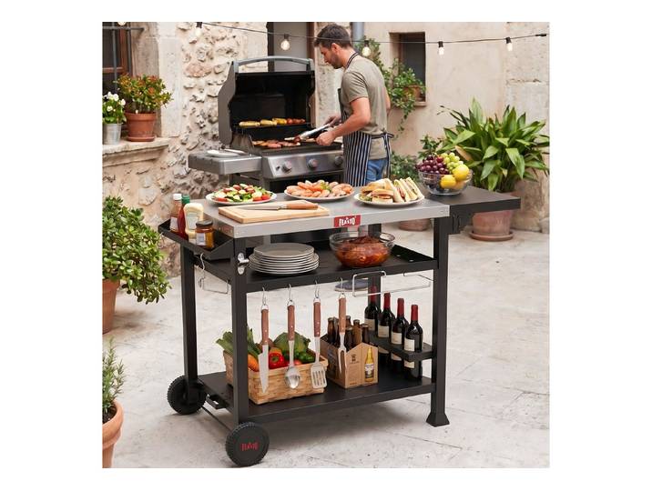 Feasto Servierwagen Grillwagen mit Edelstahl-Arbeitsplatte und ausklappbarem Beistelltisch, Mobiler Küchen- & Barwagen für Garten, Balkon und Grillvorbereitungen