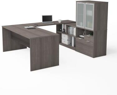 Bestar i3 Plus 72W U-Shaped Executive Desk with Frosted Glass Door Hutch