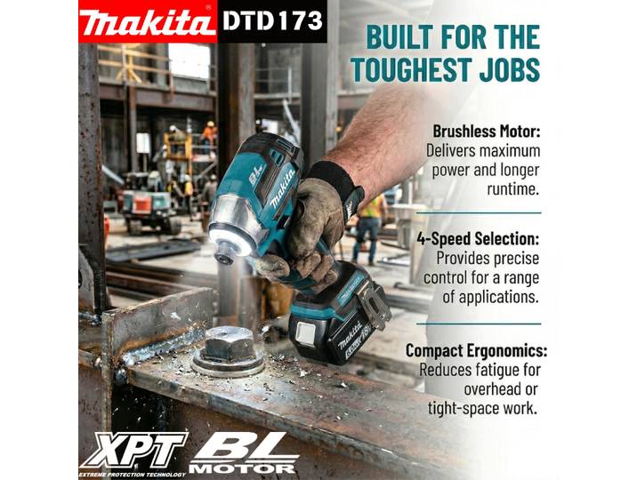 Makita DTD173 Perceuse à percussion sans fil 18V, 180 Nm, visseuse électrique avec lumière LED, outil multifonction pour la maison