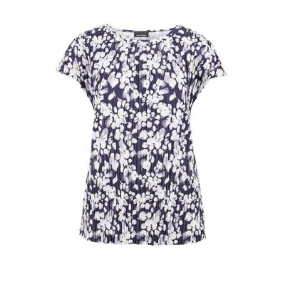 Kurzarmshirt GOLDNER "Blaues Shirt ohne Arm aus Slinky", Damen, Gr. 38, blau (marine, weiß, geblümt), Obermaterial: 92% Polyester PES. 8% Elasthan EL., figurumspielend, U-Boot-Ausschnitt, Sonstiges, Shirts, Slinky-Qualität