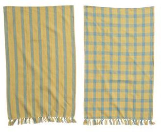 Storied Home "Woven Cotton and Linen Tea Towels with Fringe - 28"" x 18 """