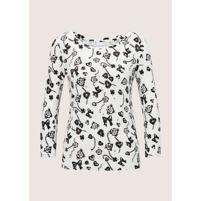 3/4-Arm-Shirt MADELEINE "Shirt Shirt mit Fantasy-Druck und Strass", Damen, Gr. 36, perlweiß, schwarz, Modern, gerade, Rundhals, Shirts 3/4-Arm-Shirt