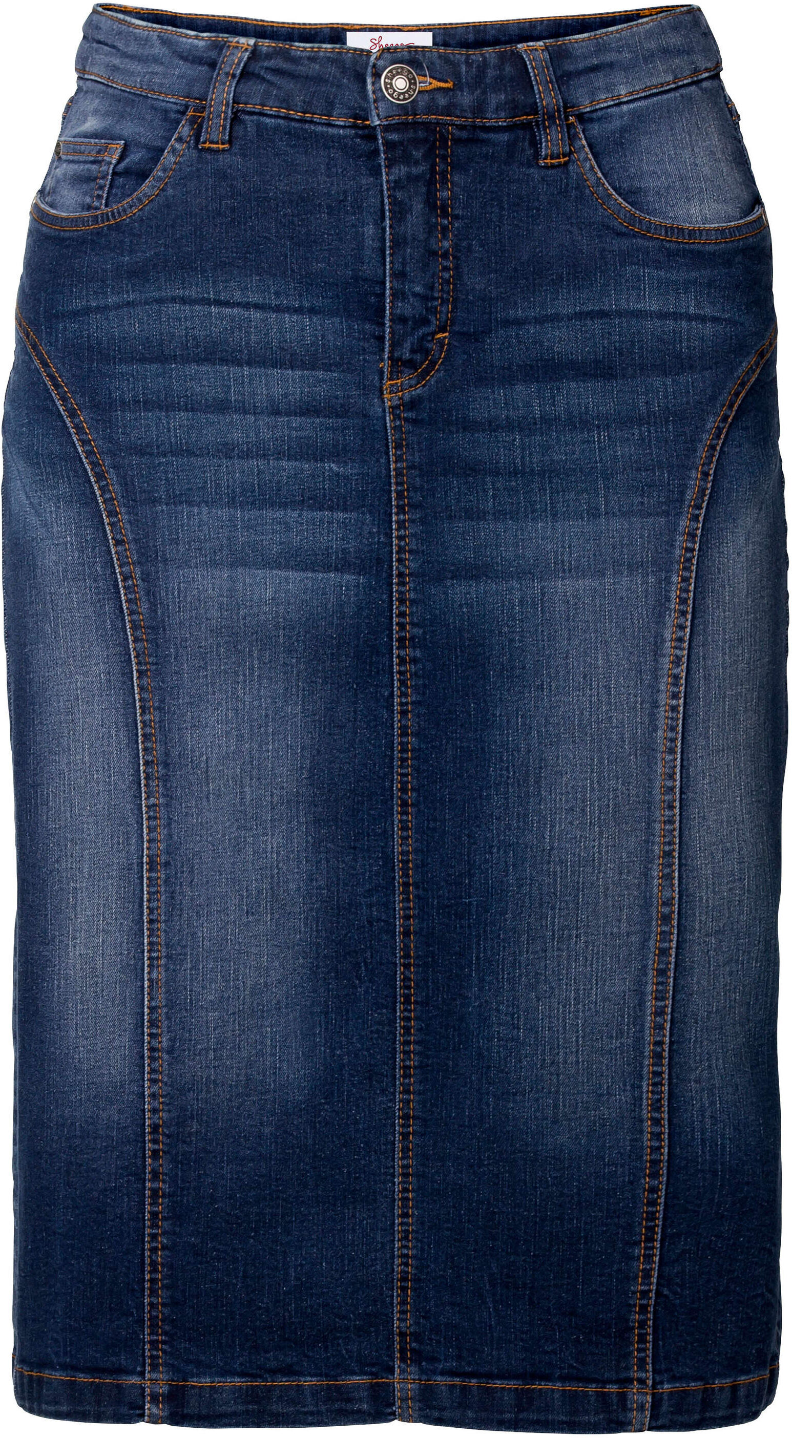 Jeansrock SHEEGO "Jeansrock Jeansrock mit Teilungsnähten", Damen, Gr. 50, blau (dunkelblau denim), Modisch, Röcke Jeansrock, Used Effekte, jedes Teil ein Unikat