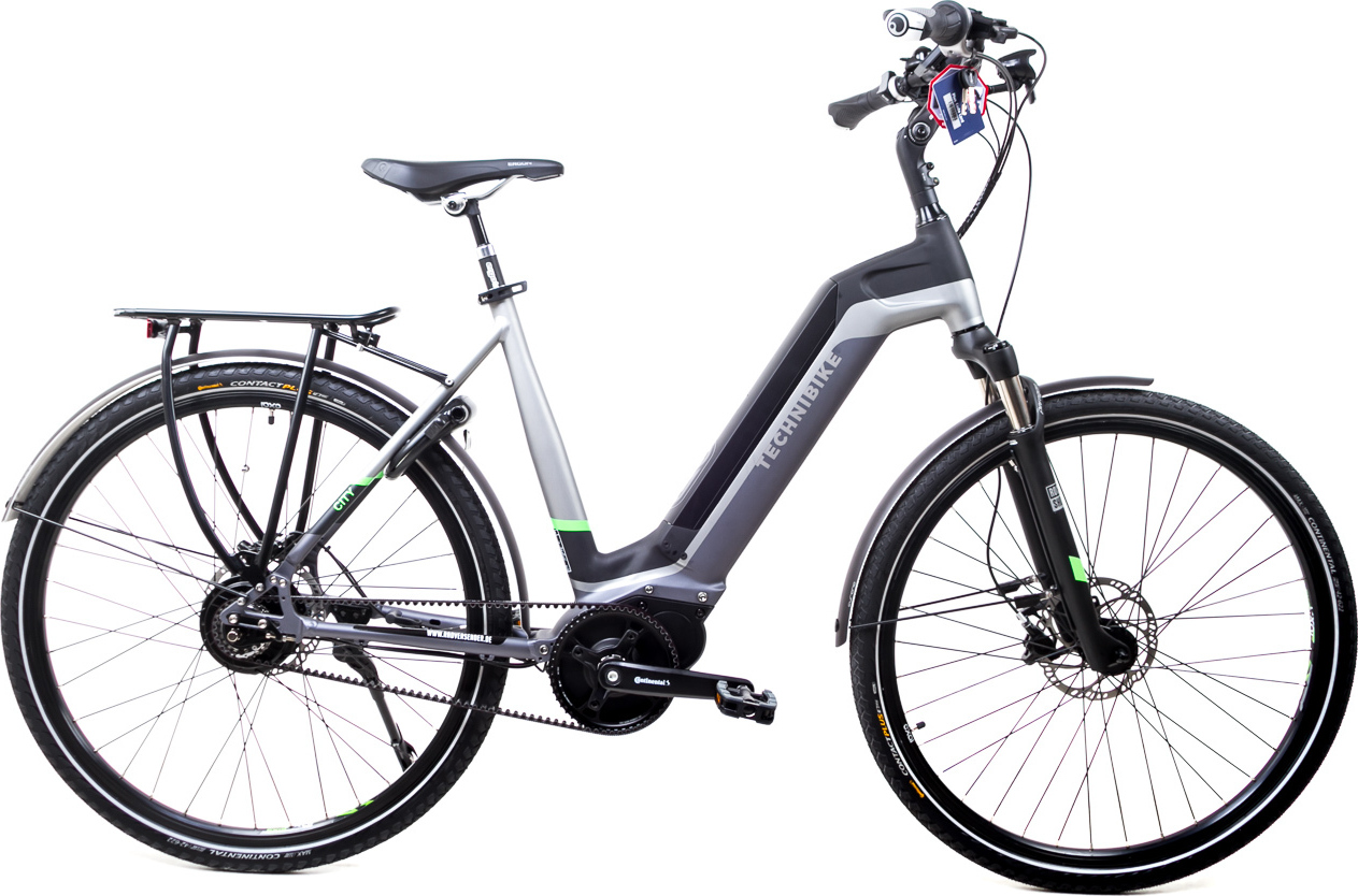 28 Zoll E-Bike TechniBike City Elektro Fahrrad Pedelec Riemen N330 Nu Vinci Continental Mittelmotor Grau Grün Gr.S