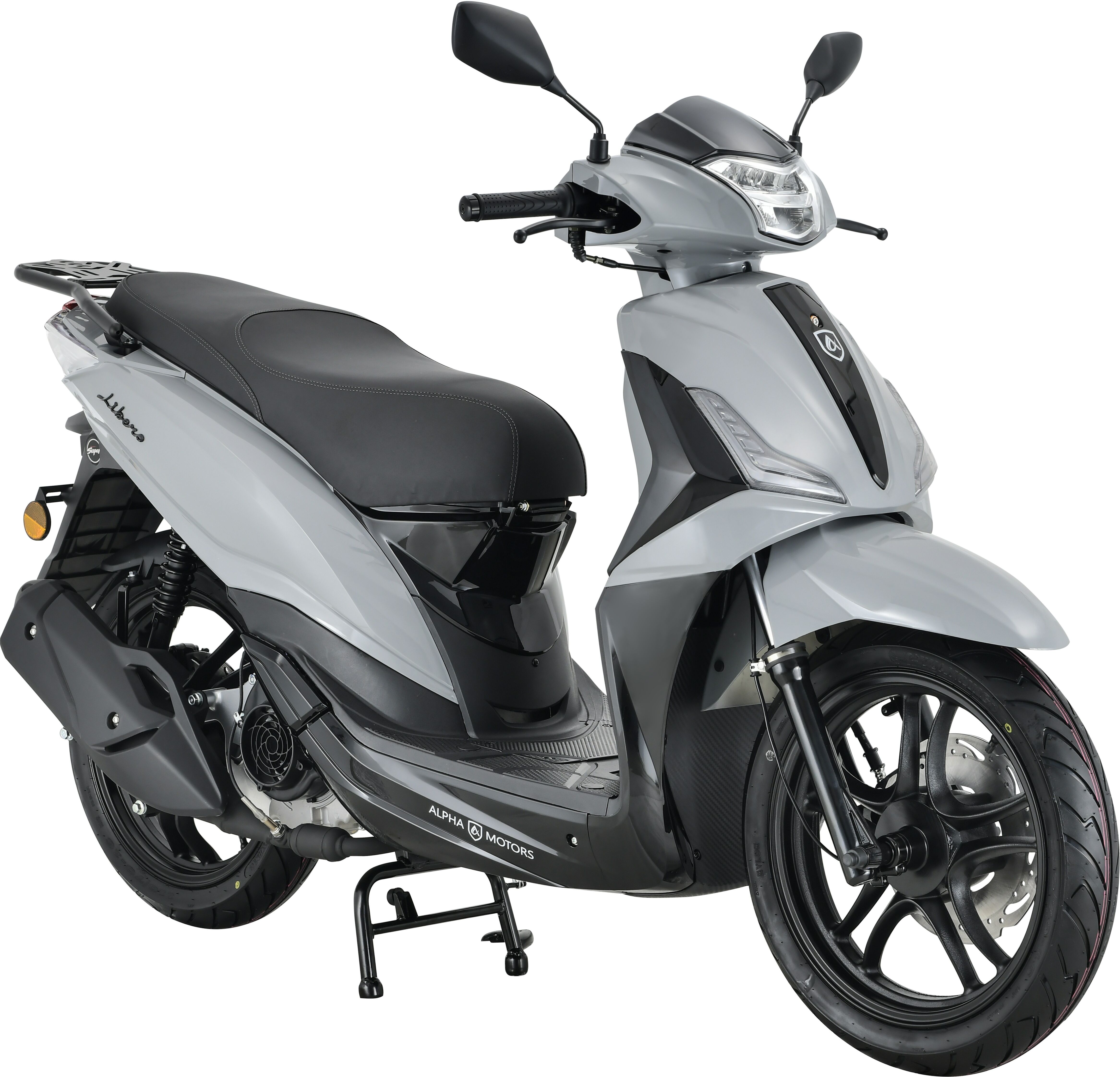 Motorroller ALPHA MOTORS "Motorroller Libero 125 ccm 90 km/h 16-Zoll grau-schwarz", grau (grau, schwarz, schwarz), Motorroller, 90 km/h, B:74cm H:119cm L:199,5cm