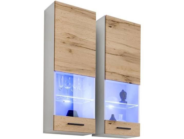 Vitrine T51 Extreme Furniture - LED bleues - Bois naturel & Blanc - Façades en Brillant - L40cmxH120cmxP29cm