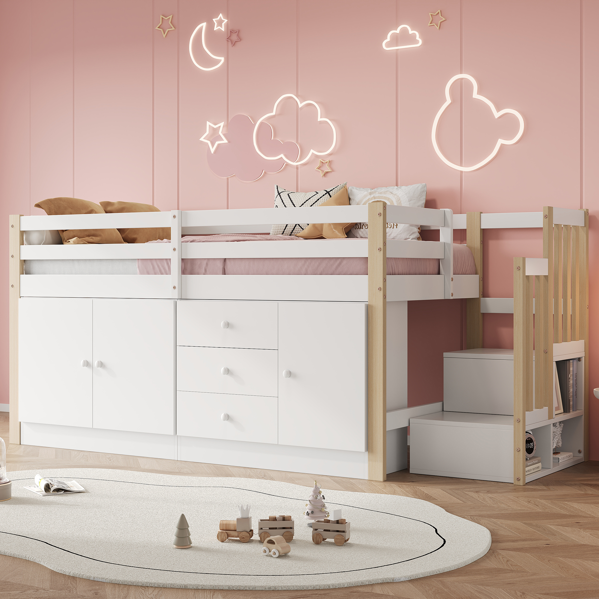 okwish Hochbett(90x200 )Kinderbett Einzelbett mit Treppe&Schubladen,Stauraumbett mit Stauschränken,ohne Matratze, weiß