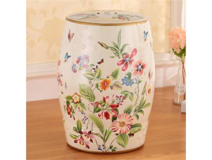 Keramik-Gartenhocker mit Blumendesign – Durchbrochener Beistelltisch Terrassenhocker, 28x46 cm, Deko für drinnen & draußen(Chinoiserie W)
