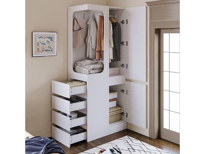 Armoire de chambre - ZEVKOR - 70x40x170 cm - 1 porte - 4 tiroirs - penderie ouverte