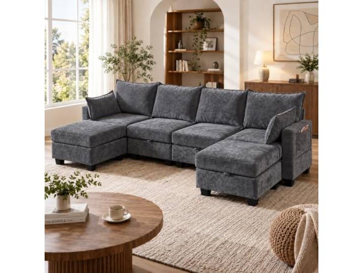 Modulares Sofa 6 Sitzer, Chenille Ecksofa mit Stauraum (Grau) U-förmige Wohnlandschaft mit Chaiselongue, verstecktem Stauraum und flexibler Modul-Kombination fürs Wohnzimmer