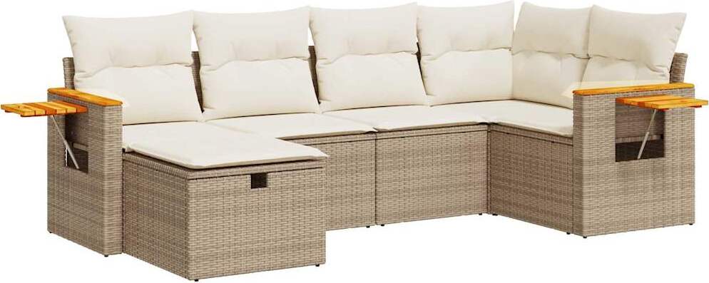6-teiliges Gartenmöbel-Set, Lounge-Sofa mit Stauraum, Poly Rattan & Stahl, Beige, inkl. wasserfester Beutel & abnehmbare Kissenbezüge