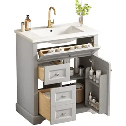 Merax Waschtisch 76×46×87 cm, freistehender Badezimmerschrank mit Waschbecken, 3 Schubladen, Türregal, verstellbarem Einlegeboden, grau