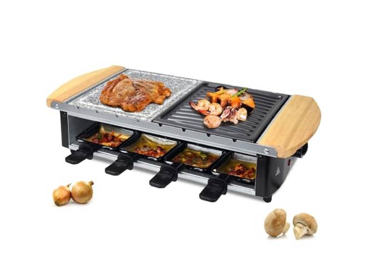 Syntrox Germany Raclette-Grill Emailliert Urilas, für 8 Personen, Einfache Anwendung und Reinigung, 1.200 Watt Raclette, Heißer Stein und Grillplatte, Antihaftbeschichtete Raclette Pfännchen