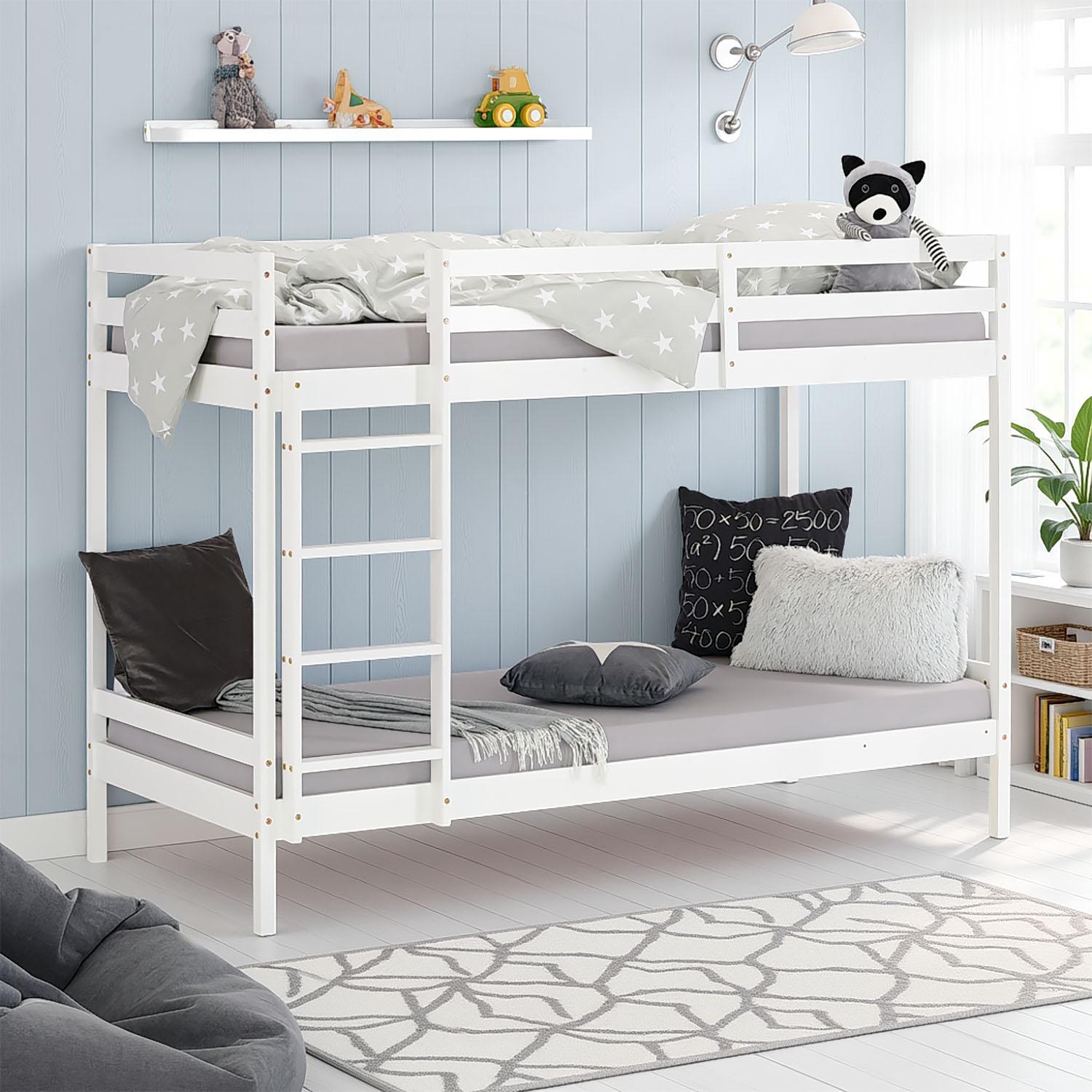Homestyle4u Etagenbett 90x200 Kinder Hochbett mit Lattenrost mit Matratze mit Standard 100 Massivholz Kiefer Weiß mit Rausfallschutz