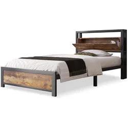 Metallbett 90x200 mit Stauraum-Kopfteil und Lattenrost – rustikales Design mit robustem Metallrahmen und MDF, stabil und funktional, Natur