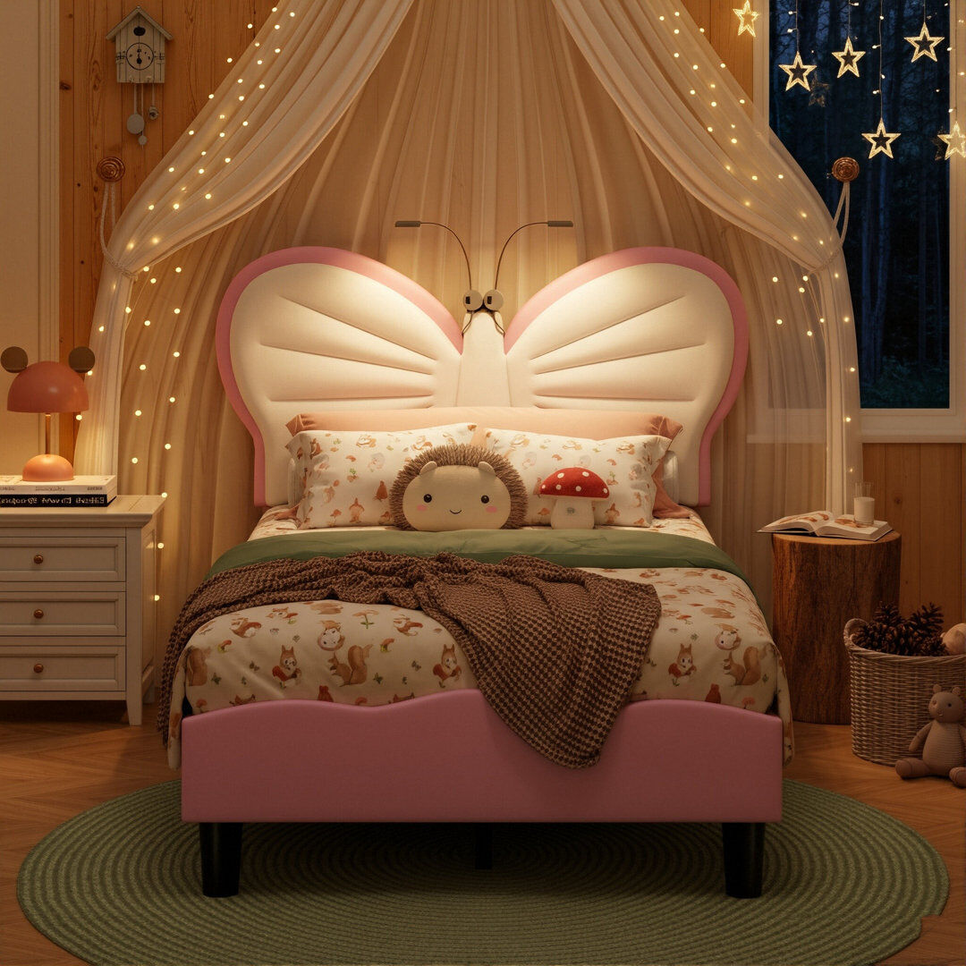 Canora Grey Kids Upholstery Butterfly Bed, Mixed Velvet & PU Leather Headboard With LED Antennae Lights & Adjustable Height, UK & EU Single (90X190/200cm) Pink Single (3')