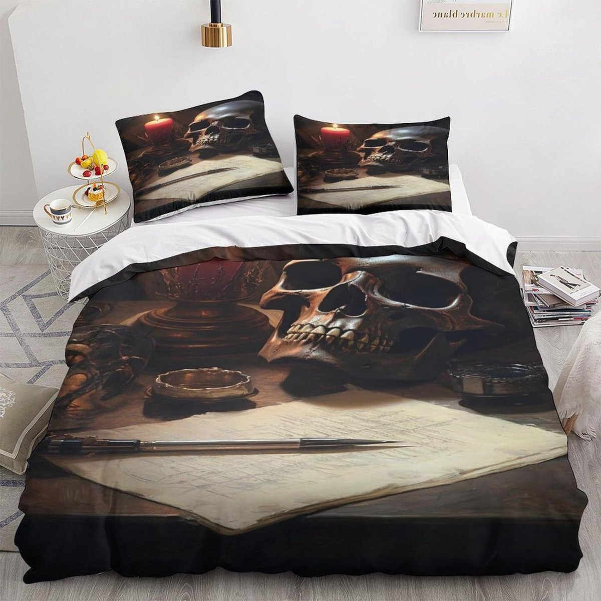 Dekbedovertrek Set met Schedelprint in Gothic Stijl, King Size 220 x 240 cm