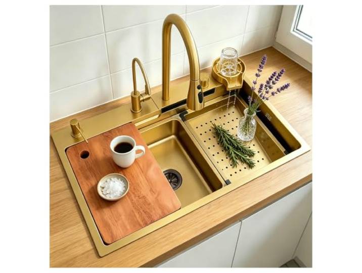 DSMRLEOP Gold Küchenspüle Wasserfall, Bar Spüle, 304 Edelstahlspüle, Haushaltsspüle Set, integrierte Spüle mit abnehmbarem Wasserhahn, Drop-in oder Undermount Installation (Color : Gold, S : 80x45cm