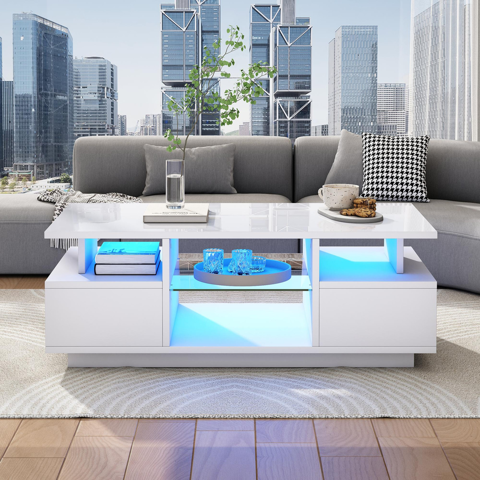 Rolipo Witte salontafel met LED-verlichting, 2 lades en open vak