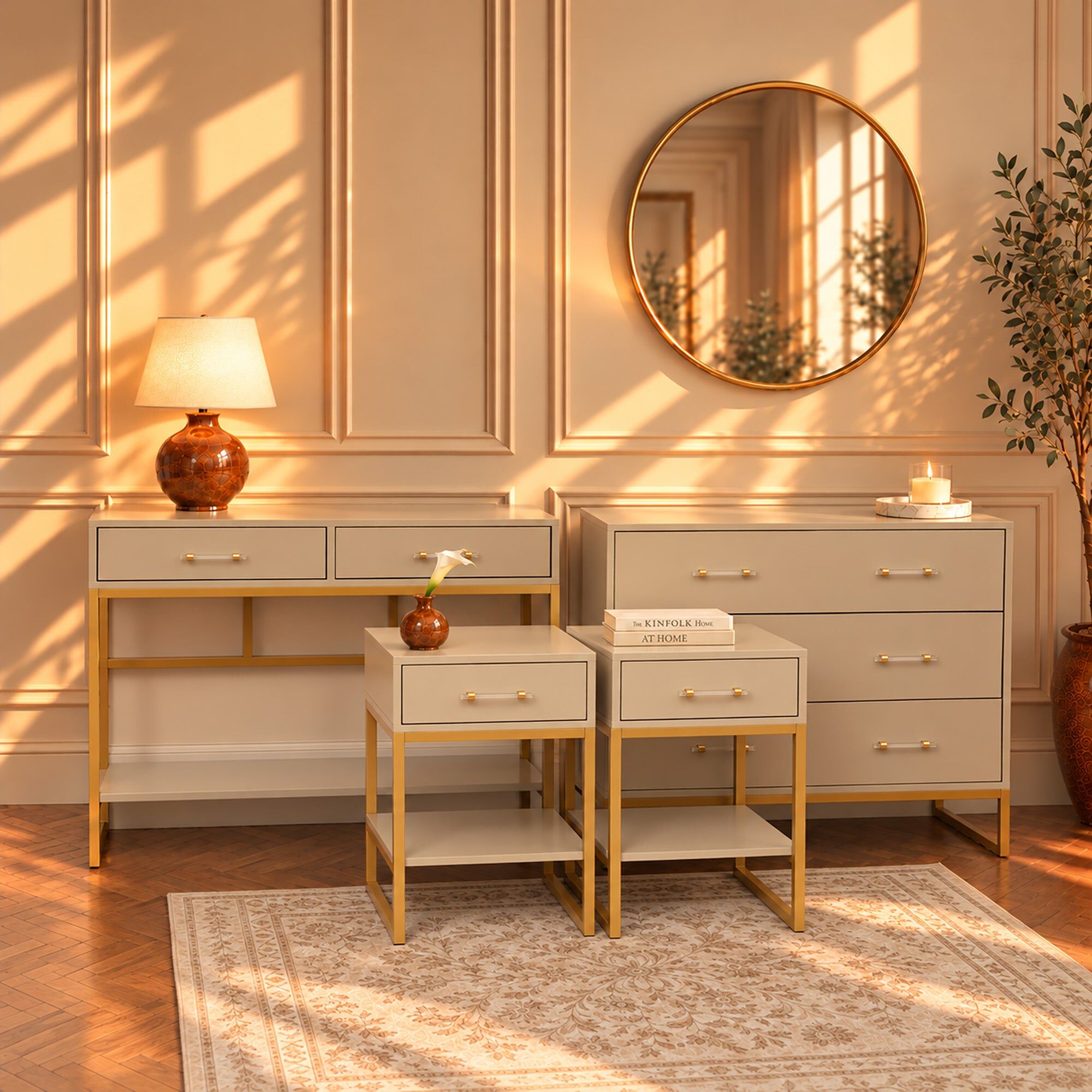 Neutral 3 Drawer Chest of Drawers, Dressing Table Set & Pair of One Drawer Bedside Tables - Liana Taupe Range Coated MDF, Metal