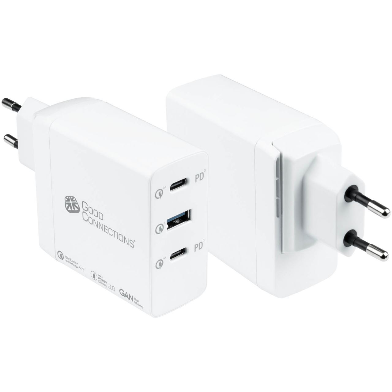 Good Connections USB-Schnellladegerät 90W mit GaN-Technologie, 3-Port (2x USB-CÖ und 1x USB-A), PD 3.0, QC 4+, weiß,
