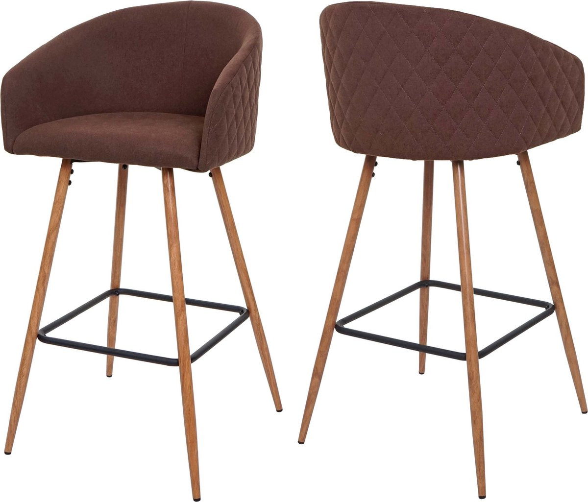 Set van 2 MCW barkrukken MCW-D72 met rugleuning, bruin metaal houtlook en textiel