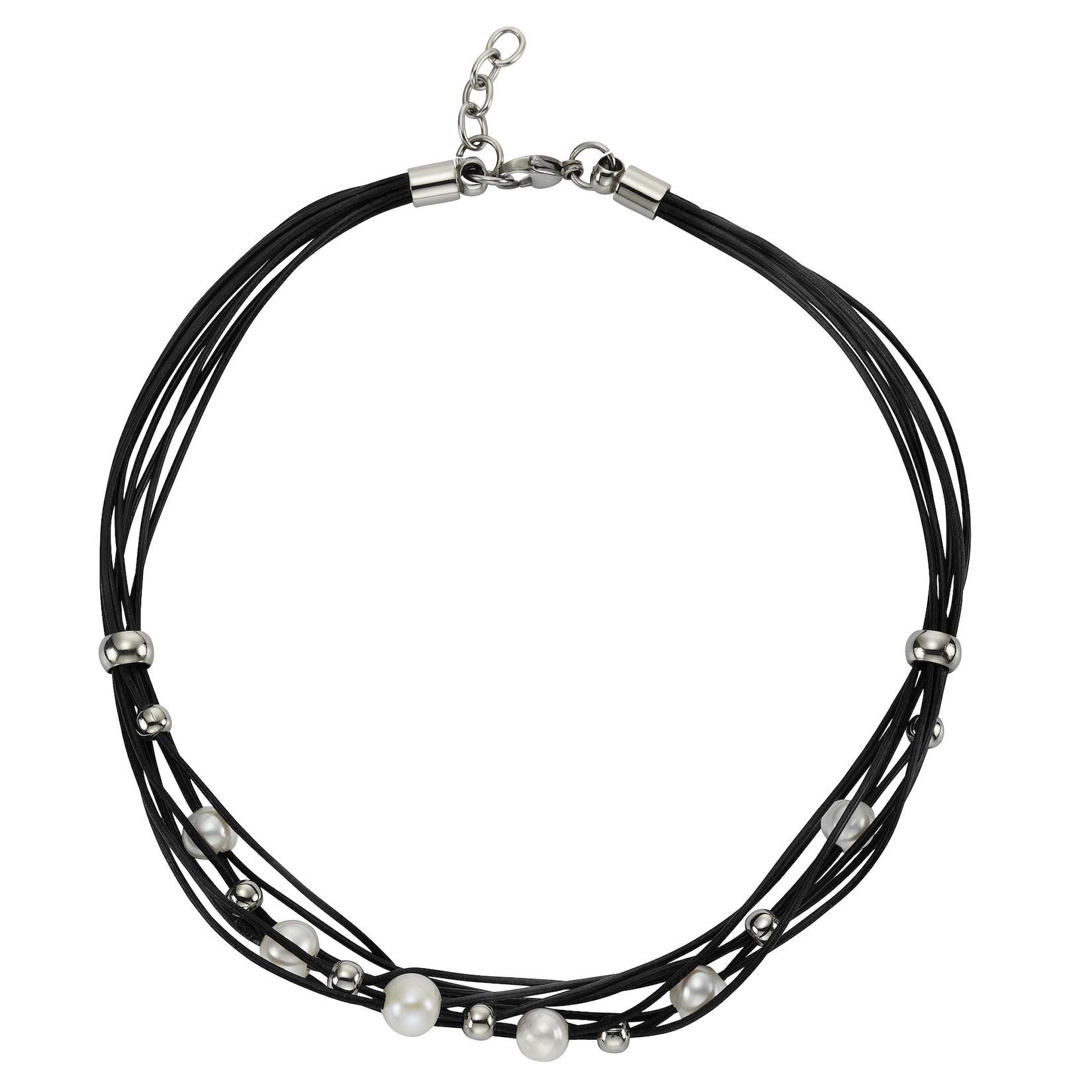 Zeeme Stainless Steel Halskette Leder schwarz mit Stahlkugeln und weißen Perlen