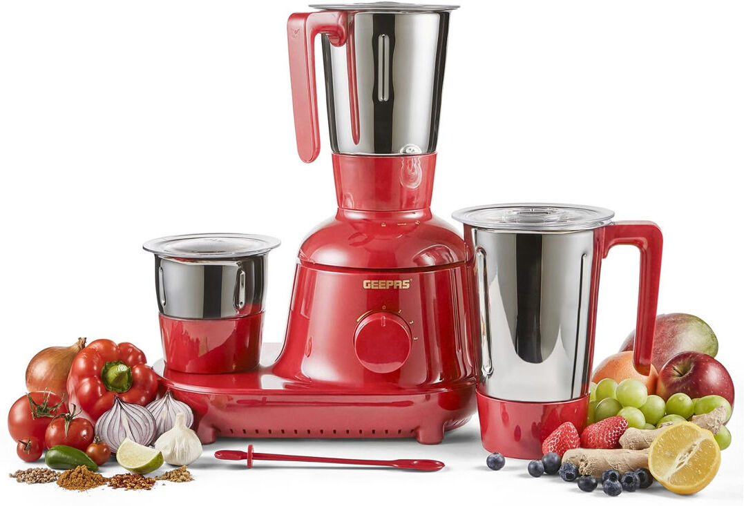 GEEPAS 750W 3-in-1 Mixer Grinder   Stainless Steel Jars, Blades   3 Speed Control, Perfect for Chutney, Dry & Wet Fine Grinding Mixing, Safety Twist L Red 1.5ml