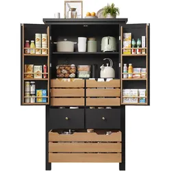 MODFU Küchenschrank 80x40x140 cm Schwarz mit 2 Türen und 5 Schubladen, hohes Sideboard aus MDF+PB mit Metallgriffen, viel Stauraum und Kippschutz