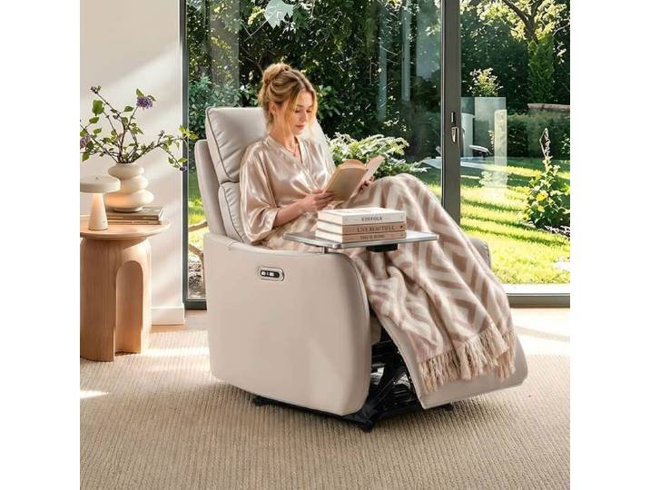 FLEXISPOT Lune Pro Fauteuil de Relaxation Électrique en Cuir Véritable Double Moteur Inclinaison 180° Table Pivotante 360° Beige