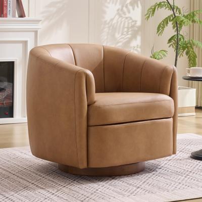 GDFStudio - Oversize 360° Swivel Accent Armchair with Solid Wood Base & Segmented Thick Curved Backrest
