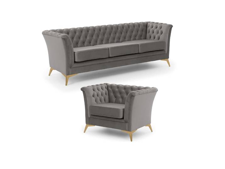 Ensemble de canapés Chesterfield 3+1 en velours gris