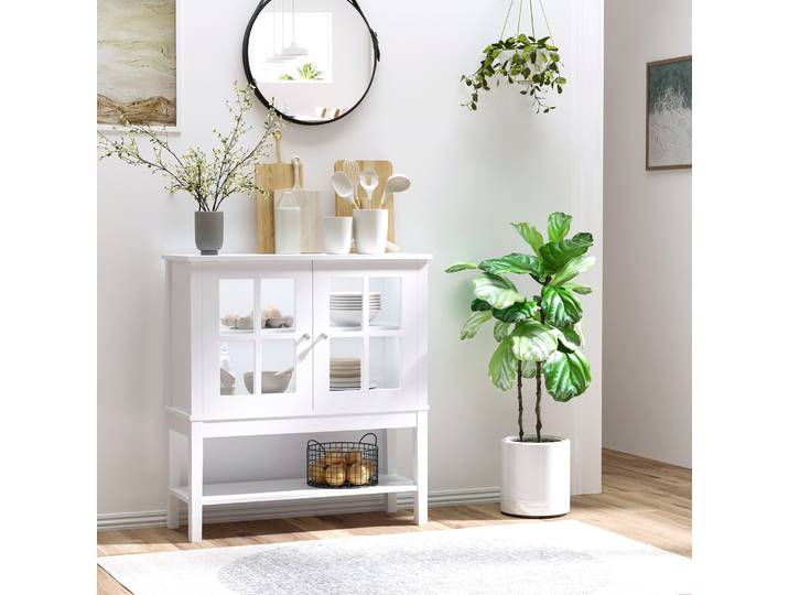 HOMCOM Buffet Moderne Blanc 2 Portes Verre Étagère Réglable 80x28x84cm