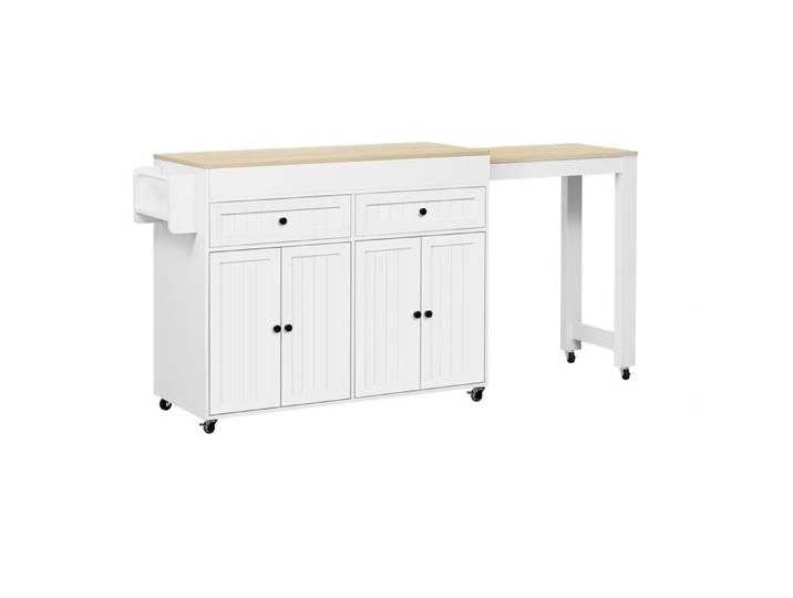 Ilot de cuisine 180 5x45x92 2cm avec 2 tiroirs et 4 portes extensible amovible Blanc