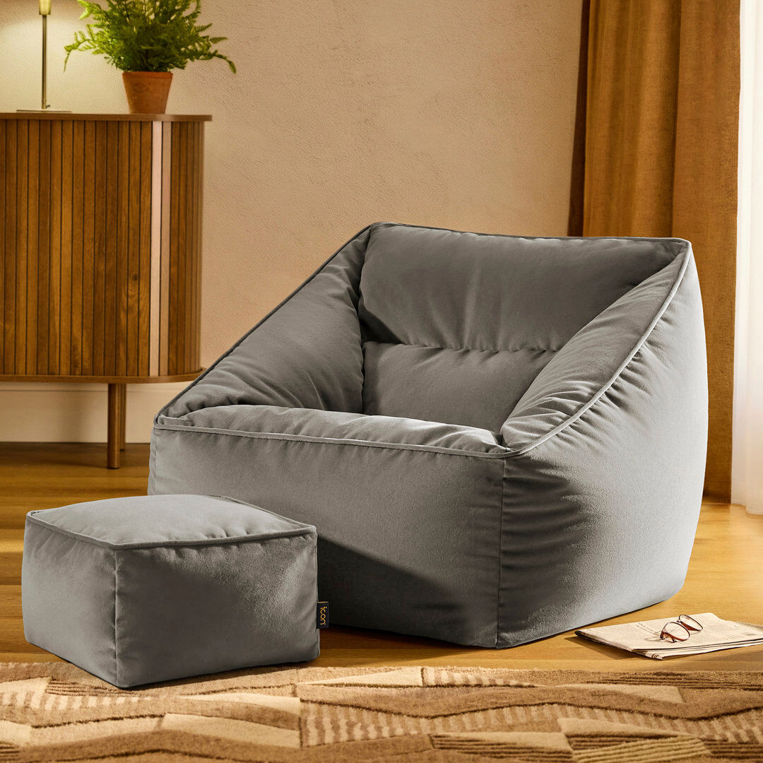 icon Natalia Velvet Adults Bean Bag Armchair and Pouffe, Ready Filled Large Beanbag and Footstool Forest Green Charcoal Grey Large