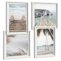 BILDER SET 4er Set - 50x50 cm & 40x60 cm Weißer Rahmen - Strandtreppe Schaukel Meer
